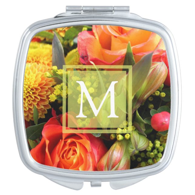 Orange Roses Flower Bouquet Monogram Compact Mirror (Front)