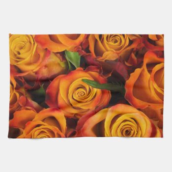 Orange Roses & Green Leaves Kitchen Towel by GetArtFACTORY at Zazzle