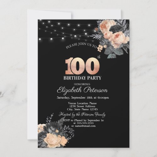 Orange Roses String Lights Black 100th Birthday Invitation