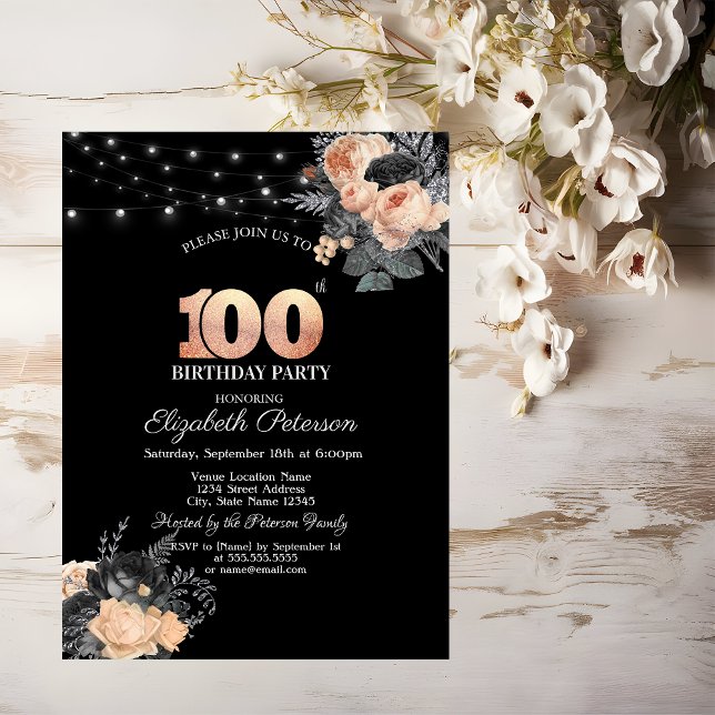 Orange Roses String Lights Black 100th Birthday Invitation (Creator Uploaded)