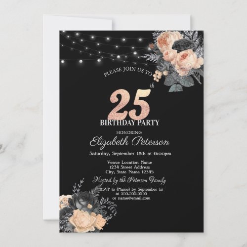 Orange Roses String Lights Black 25th Birthday Invitation