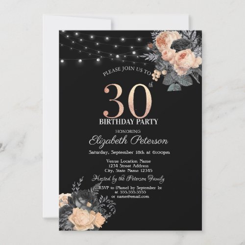 Orange Roses String Lights Black 30th Birthday Invitation