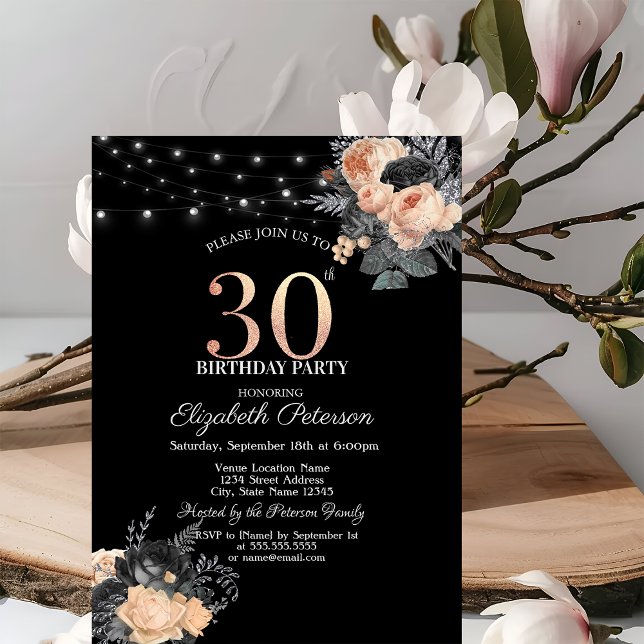 Orange Roses String Lights Black 30th Birthday Invitation (Creator Uploaded)