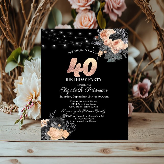 Orange Roses String Lights Black 40th Birthday Invitation (Creator Uploaded)