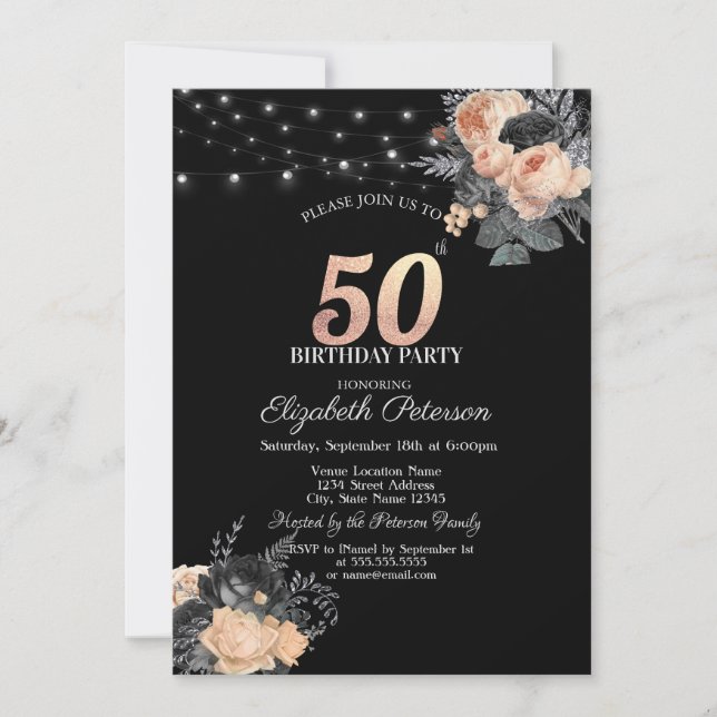 Orange Roses String Lights Black 50th Birthday Invitation (Front)
