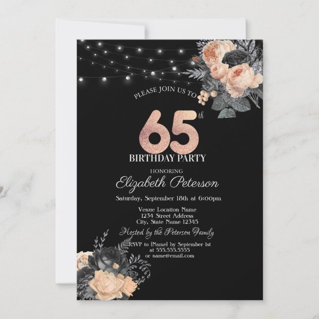 Orange Roses String Lights Black 65th Birthday Invitation (Front)