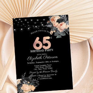 Orange Roses String Lights Black 65th Birthday Invitation