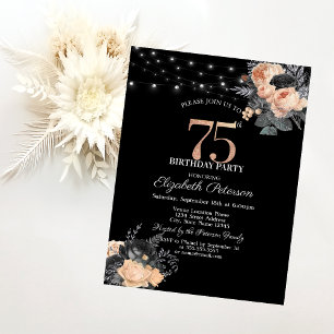 Orange Roses String Lights Black 75th Birthday Invitation