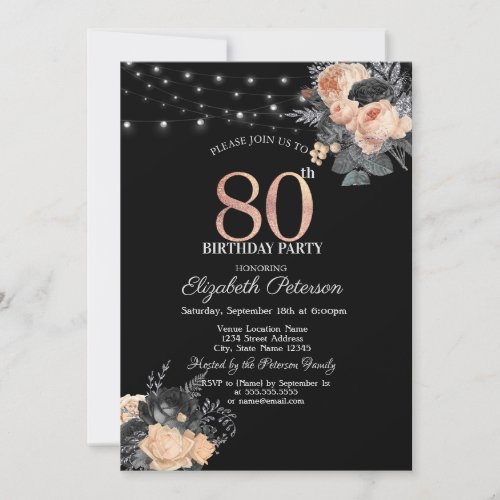 Orange Roses String Lights Black 80th Birthday Invitation