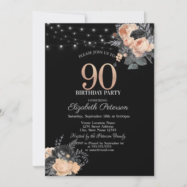 Orange Roses String Lights Black 90th Birthday Invitation (Front)