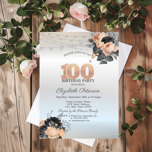 Orange Roses String Lights Silver 100th Birthday Invitation