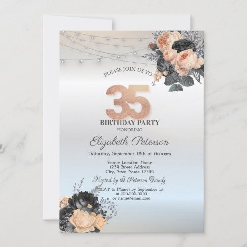 Orange Roses String Lights Silver 35th Birthday Invitation