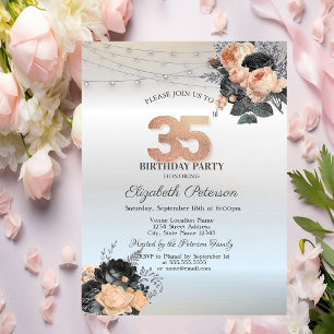 Orange Roses String Lights Silver 35th Birthday Invitation