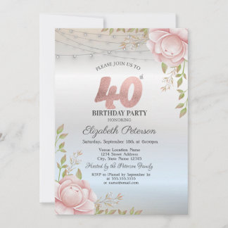 Orange Roses String Lights Silver 40th Birthday Invitation