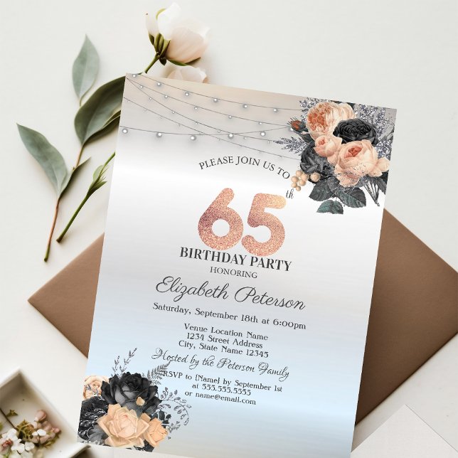 Orange Roses String Lights Silver 65th Birthday Invitation (Creator Uploaded)