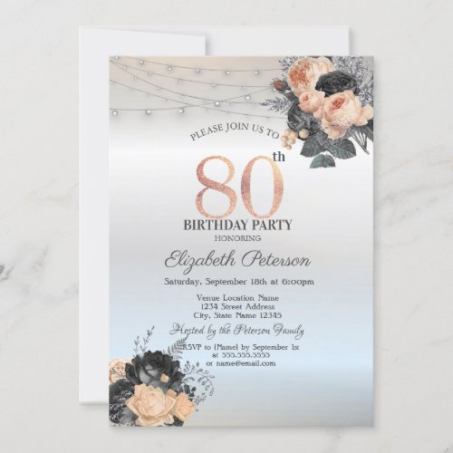Orange Roses String Lights Silver 80th Birthday Invitation