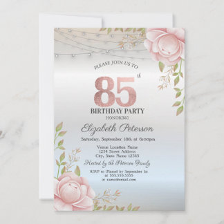 Orange Roses String Lights Silver 85th Birthday Invitation