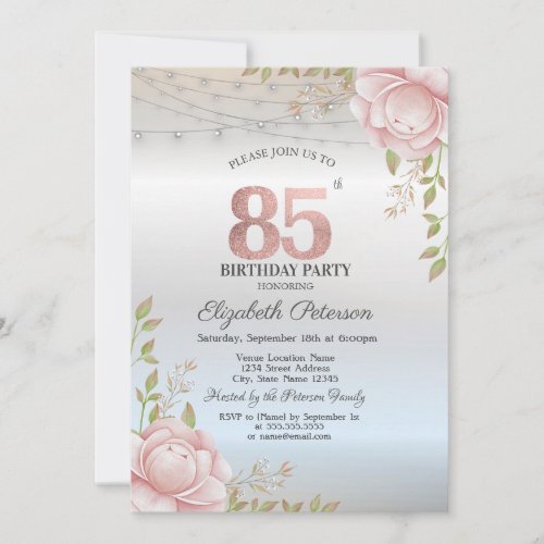 Orange Roses String Lights Silver 85th Birthday Invitation