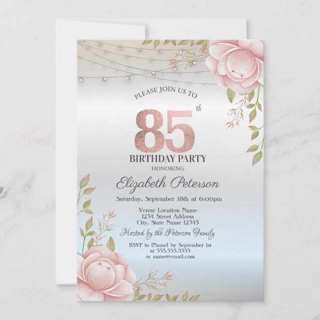Orange Roses String Lights Silver 85th Birthday Invitation (Front)