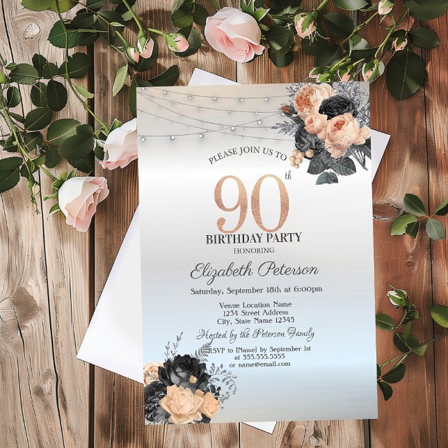 Orange Roses String Lights Silver 90th Birthday Invitation (Creator Uploaded)