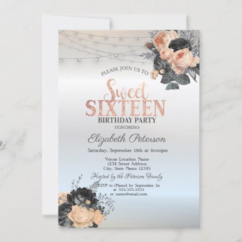 Orange Roses String Lights Silver Sweet 16 Invitation