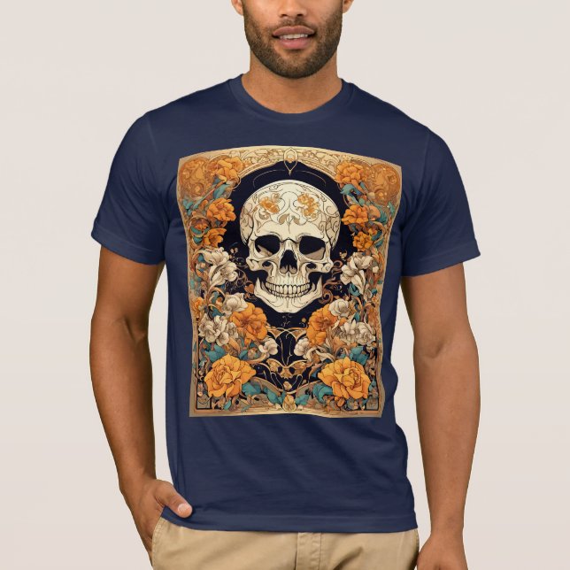 Orange Roses Surrounding A Cranium Art Nouveau Des T-Shirt (Front)