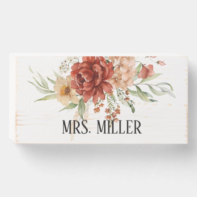 Orange Roses Teacher Name Classroom Wooden Box Sign (Front Horizontal)