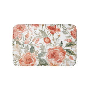 Orange Roses Watercolor Botanical Coral Floral Bath Mat