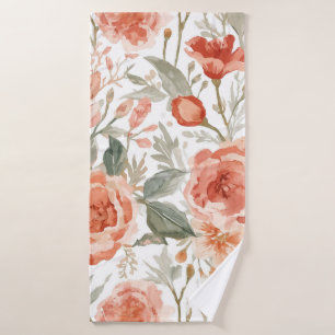 Orange Roses Watercolor Botanical Coral Floral Bath Towel
