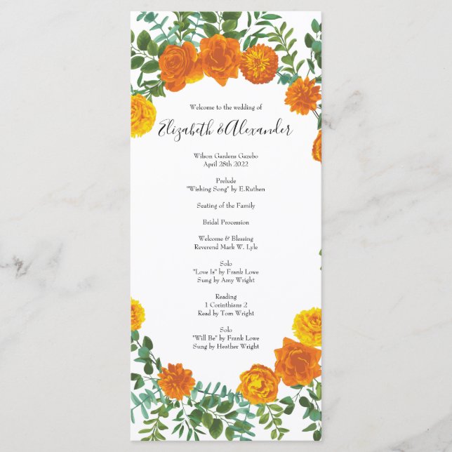 Orange Roses Wedding Floral Modern Menu (Front)