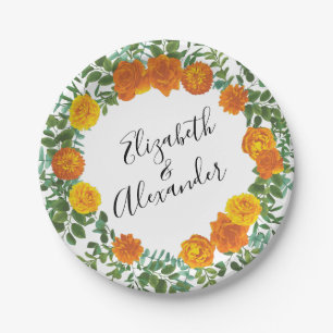 Orange Roses Wedding Floral Modern Paper Plates