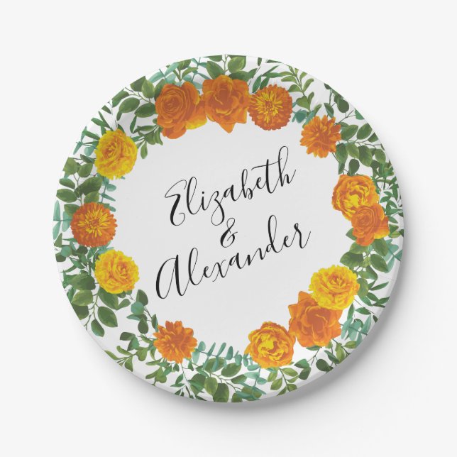 Orange Roses Wedding Floral Modern Paper Plates (Front)