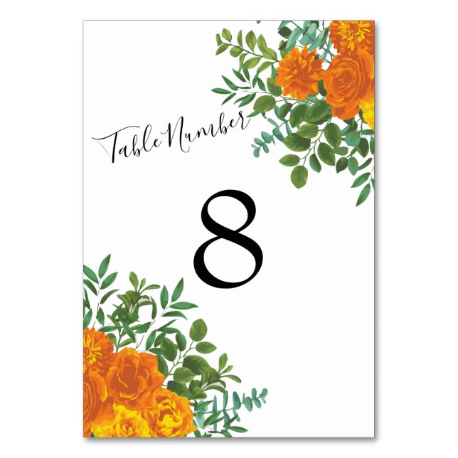 Orange Roses Wedding Floral Modern Table Number (Back)