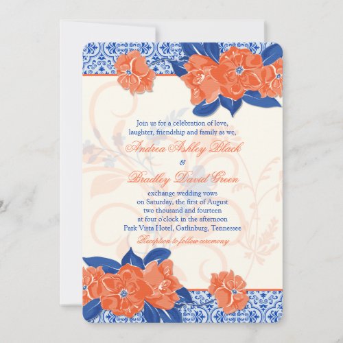 Orange Royal Blue Floral Wedding Invitation