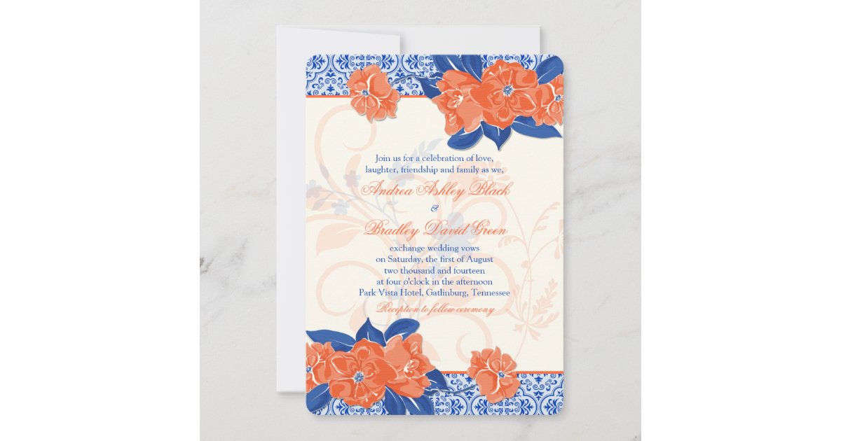 Orange Royal Blue Floral Wedding Invitation | Zazzle