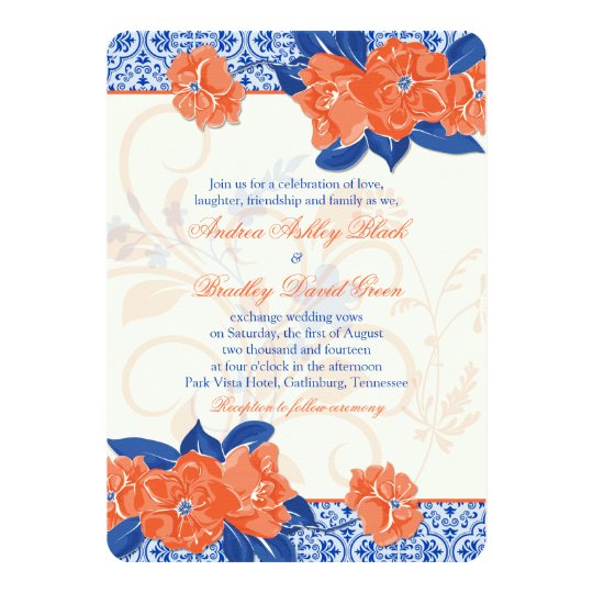 Orange Royal Blue Fl Wedding Invitation Zazzle Orange Royal Blue Fl Wedding Invitation