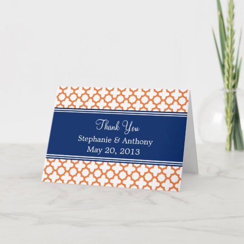 Orange Royal Blue Quatrefoil  Wedding Thank You