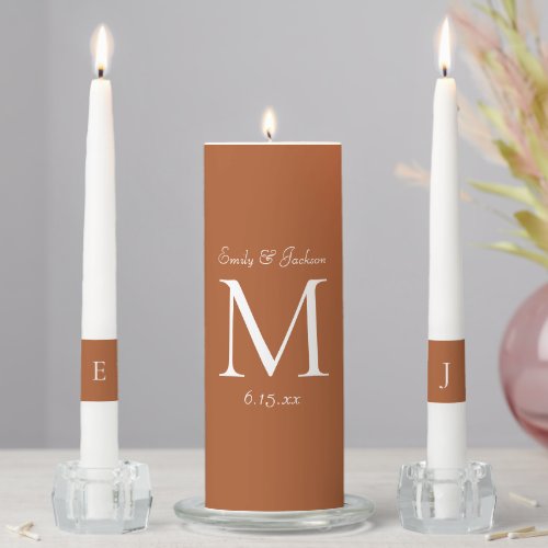 Orange Rust and White Monogram Wedding Unity Candle Set