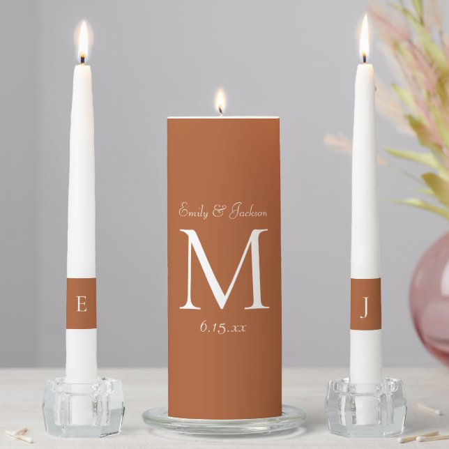 Orange Rust and White Monogram Wedding Unity Candle Set (In Situ)