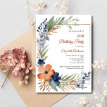 Orange Rust Blue Watercolor Floral 60th Birthday  Invitation<br><div class="desc">Rust Orange & Blue Floral 60th Birthday Invitation Invite your loved ones to a milestone celebration with our stunning Rust Orange and Blue Floral 60th Birthday Invitation! This beautifully designed invitation features vibrant rust orange blooms intertwined with elegant blue accents, creating a perfect balance of warmth and sophistication. Key Features:...</div>