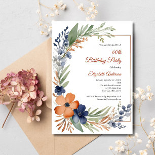 Orange Rust Blue Watercolor Floral 60th Birthday Invitation