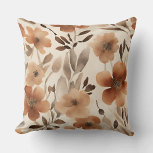 Orange Rust Brown Beige Watercolor Floral Throw Pillow