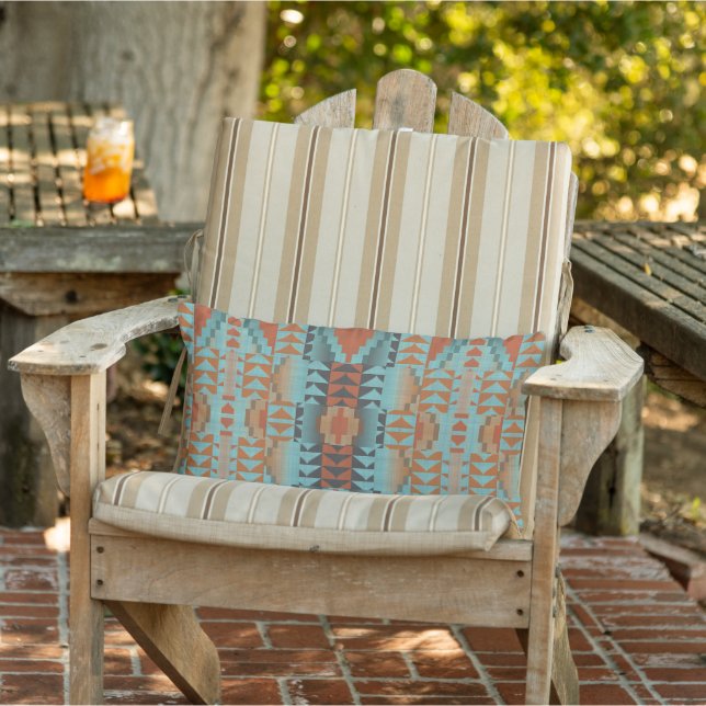 Orange Rust Brown Turquoise Teal Blue Tribal Art Lumbar Pillow (Chair)