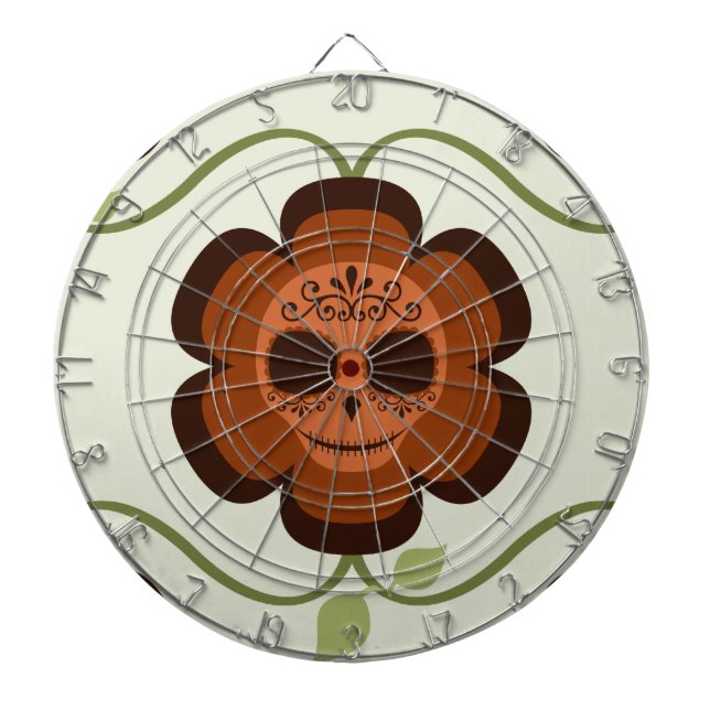 Orange Rust Cartoon Sugar Skull Flower Dartboard (Front)