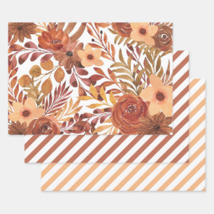 Orange Rust Fall Autumn Watercolor Floral Wrapping Paper Sheets
