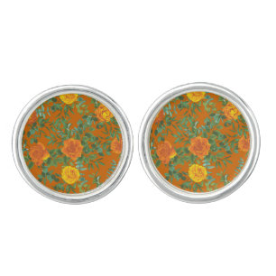Orange & Rust Fall Peony & Rose Floral Wedding Cufflinks