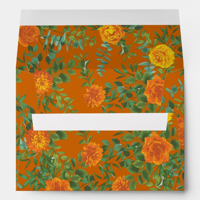 Orange & Rust Fall Peony & Rose Floral Wedding Envelope (Back (Bottom))