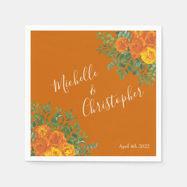 Orange & Rust Fall Peony & Rose Floral Wedding Napkins (Front)