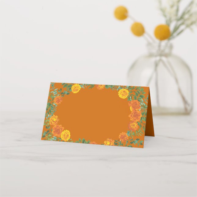 Orange & Rust Fall Peony & Rose Floral Wedding Place Card (Front)