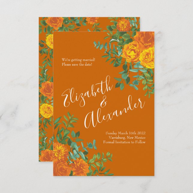 Orange Rust Fall Peony Rose Wedding Save Date Invitation (Front/Back)